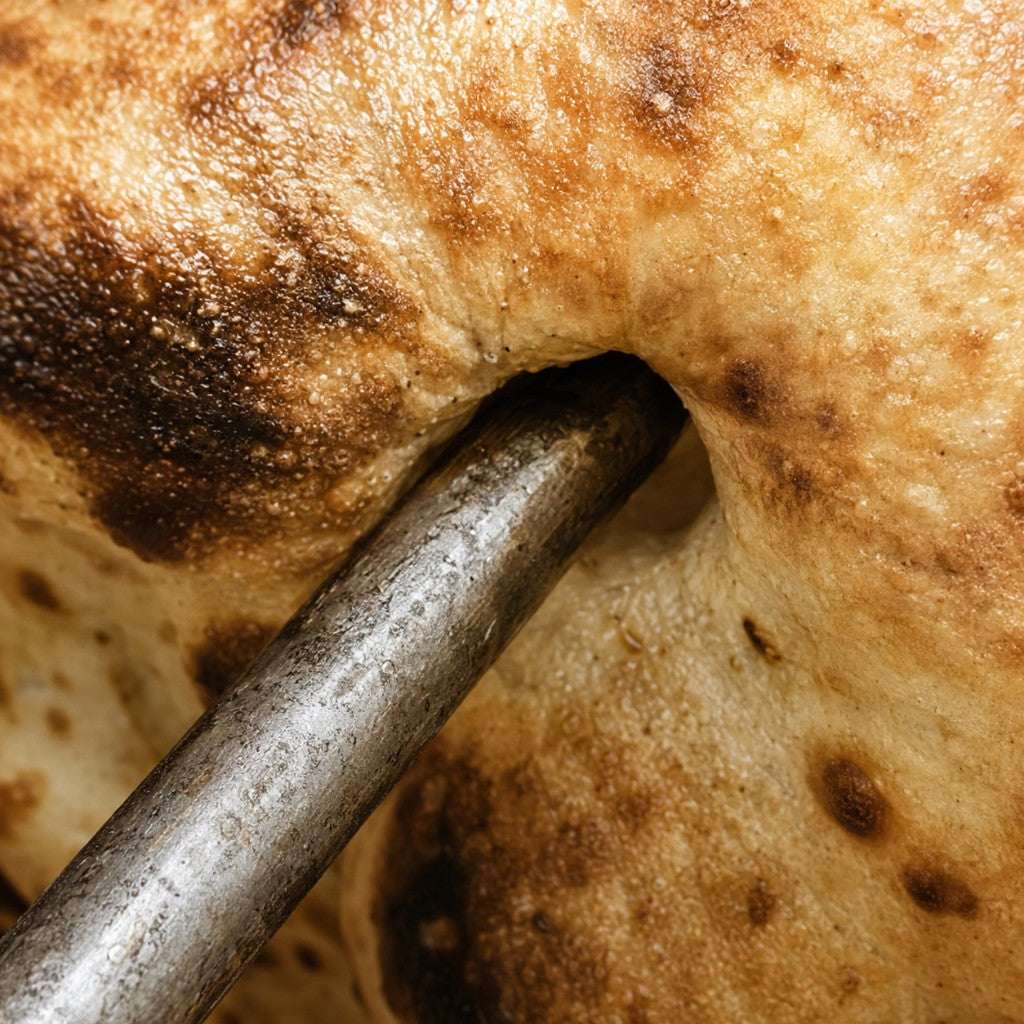 Close-up of authentic naan with a metal tool through the small hole