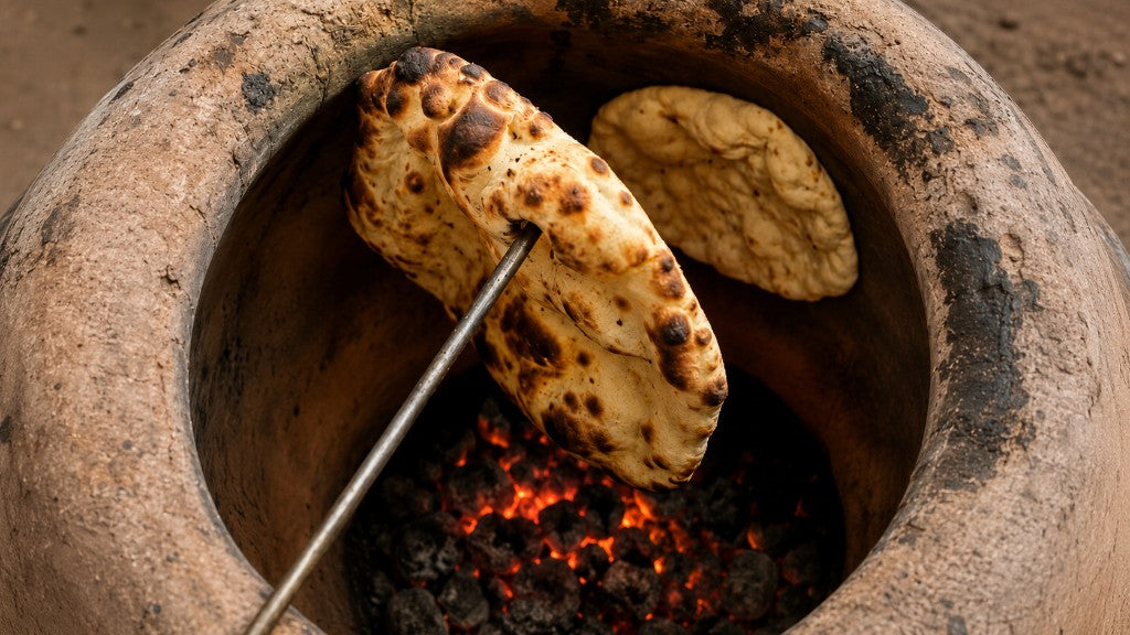 Naan lifted from a tandoor oven with a metal skewer